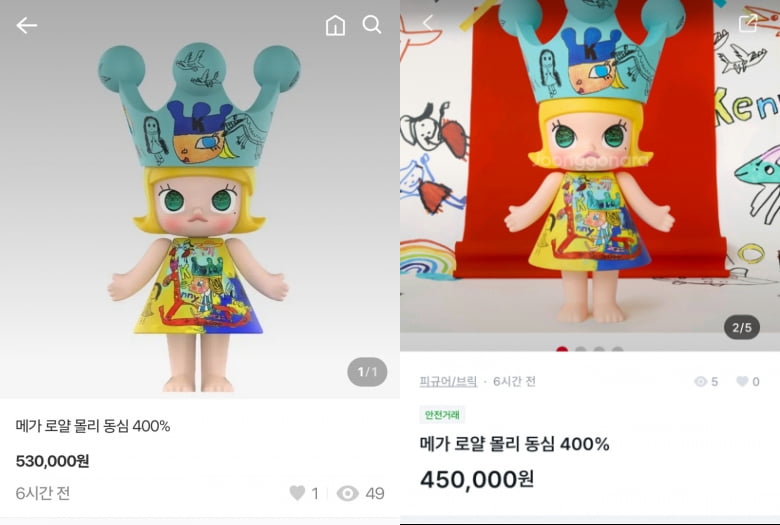 지난달 30일 출시된 팝마트 인기 IP 상품 '몰리'의 신제품이 중고거래 플랫폼에서 정가보다 비싸게 거래되고 있다./사진=박수림 기자