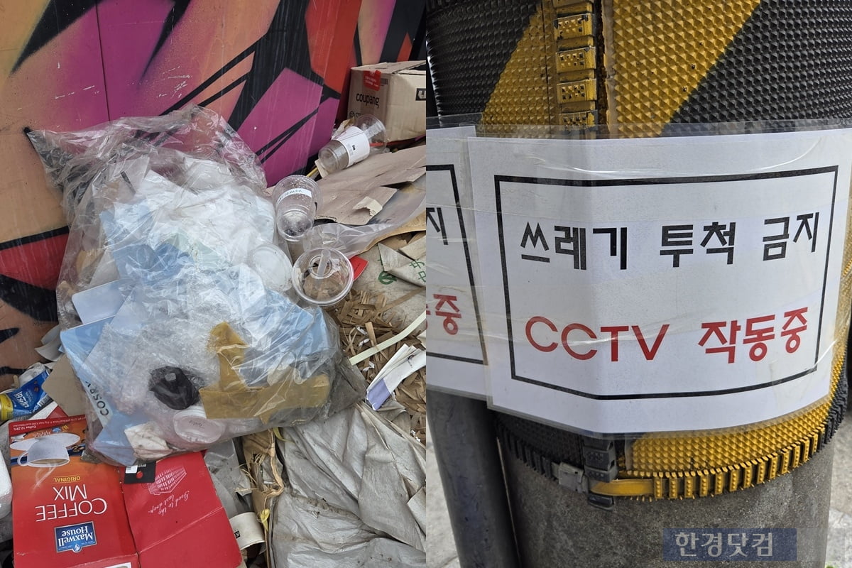 10일 오후 1시 멤버십토토 카페거리에서 발견된 쓰레기 더미(왼쪽)와 '쓰레기 투척 금지' 안내판이 전봇대에 붙어있는 모습(오른쪽). /사진=이민형 기자