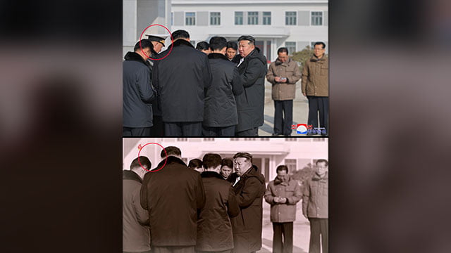 북한 조선중앙TV가 지난 13일 방영한 구축함 '강건호' 진수기념식 영상에서 김정은 국무위원장의 지난 3월 함선건조사업 현지시찰 사진(위)을 재공개하면서 당초 김 위원장과 함께 있던 김명식 전 해군사령관(아래)을 완전히 삭제한 채 편집해 내보냈다. 해군사령관은 김명식 대신 동해함대사령관이었던 박광섭(상장)으로 교체된 것으로 확인됐다./사진=연합뉴스