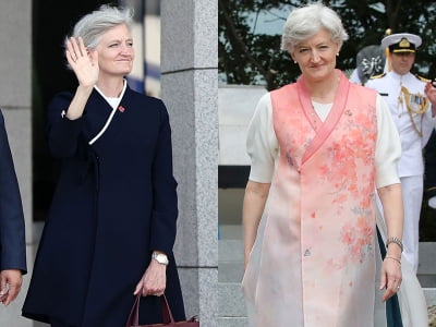 "한복 입은 여성 누구?"…李 배웅은발 외국인