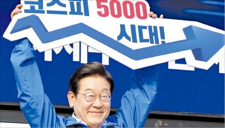 이재명 대통령이 제21대 대통령선거 유세중이던 지난달 29일 서울 서초구 고속버스터미널광장에서 ‘코스피 5000시대’라고 적힌 피켓을 들고 있다. /뉴스1