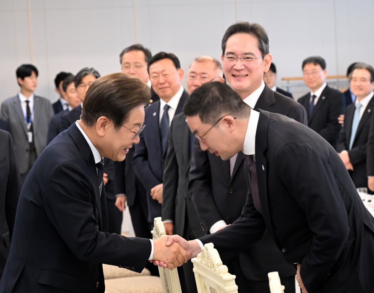 이재명 대통령이 13일 서울 용산 대통령실청사에서 열린 6경제단체와 기업인 간담회에서 구광모 LG그룹 회장 인사를 나누고 있다. /사진=대통령실사진기자단 