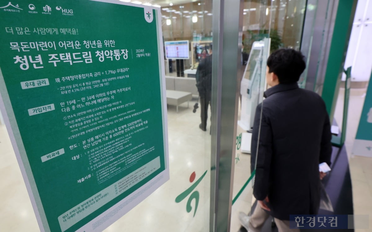 청년 주택드림 청약통장을 출시한 하나은행 영업점으로 고객이 들어가고 있다. 사진=한경DB