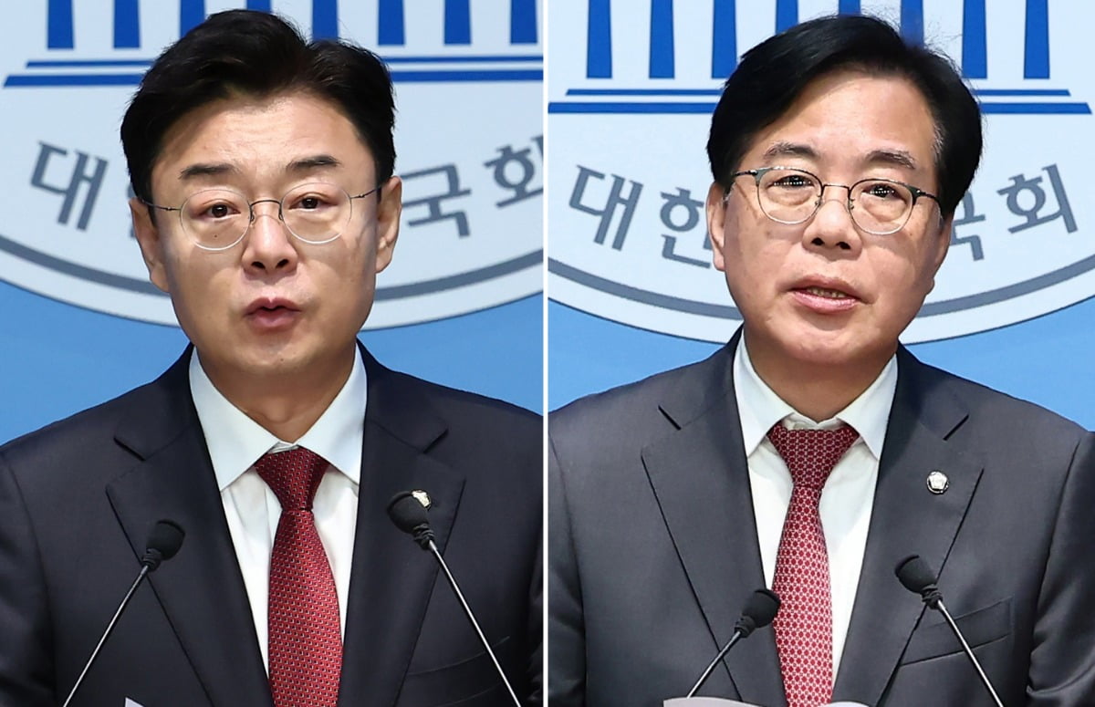 국민의힘 김성원(왼쪽), 송언석 의원이 12일 오전 서울 여의도 국회 소통관에서 각각 원내대표 출마 기자회견을 하고 있다. /사진=뉴스1