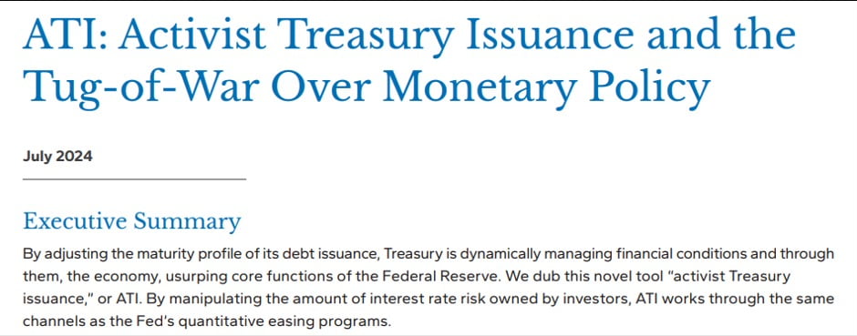 스티븐 마이런 현 트럼프 정부 경제자문위원회(CEA) 위원장과 누리엘 루비니 뉴욕대 교수가 2024년 7월 함께 쓴 '적극적 국채 발행(Activist Treasury Issuance)과 통화정책을 둘러싼 전쟁' 보고서. 자료=허드슨베이캐피털 