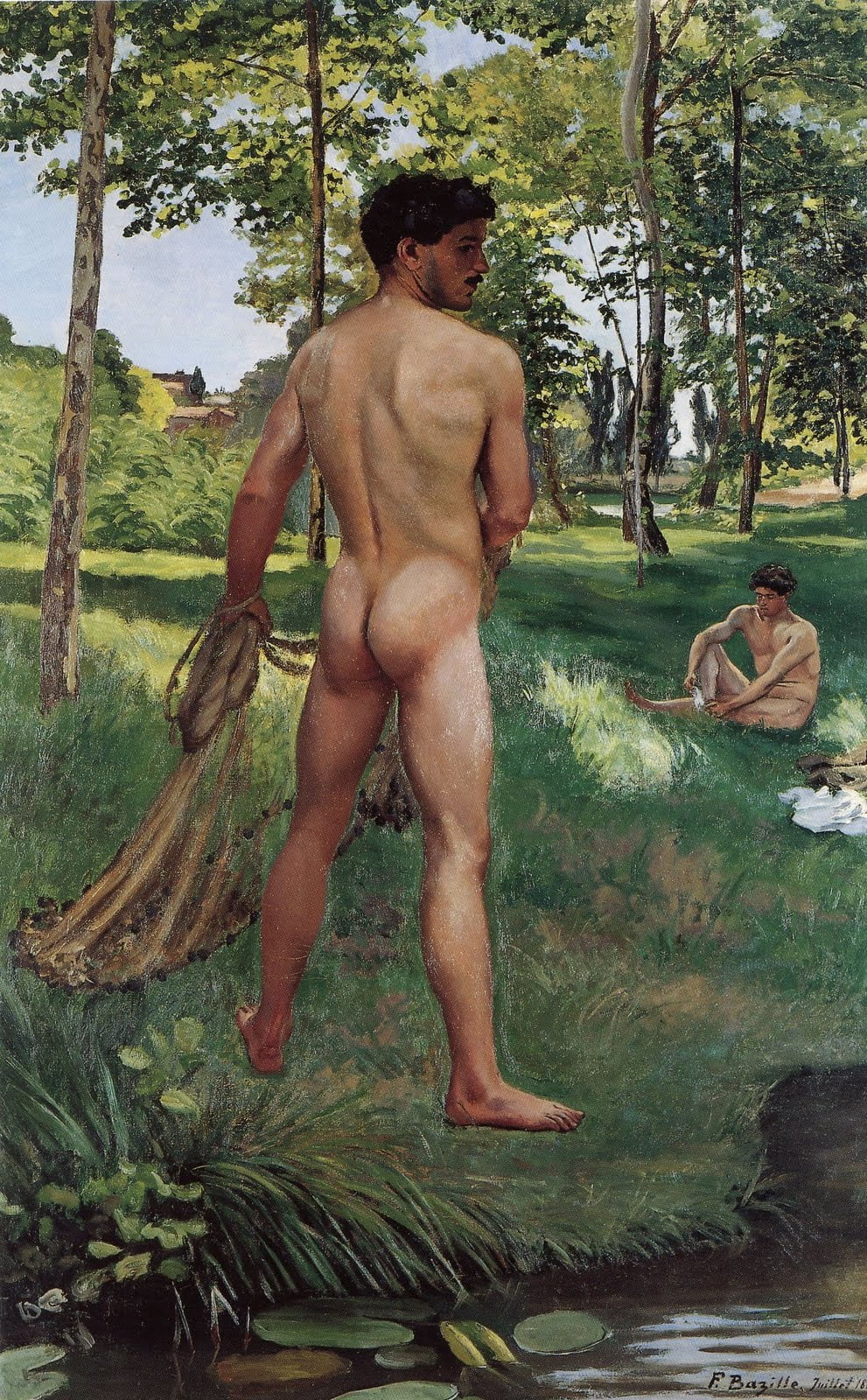 그물을 든 어부(1868). 바지유는 당시 화가들이 거의 그리지 않던 남성 누드를 많이 그려 주목을 받았다. 사람들이 그에게 왜 이렇게 “남성 누드만 그리냐”고 물으면 바지유는 이렇게 답했다. “여성을 그리는 건 너무 어려워요.”