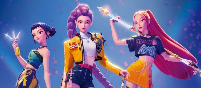 케이팝 데몬 헌터스에 등장하는 가상 걸그룹 ‘헌트릭스’. 왼쪽부터 조이, 루미, 미라.  넷플릭스 제공