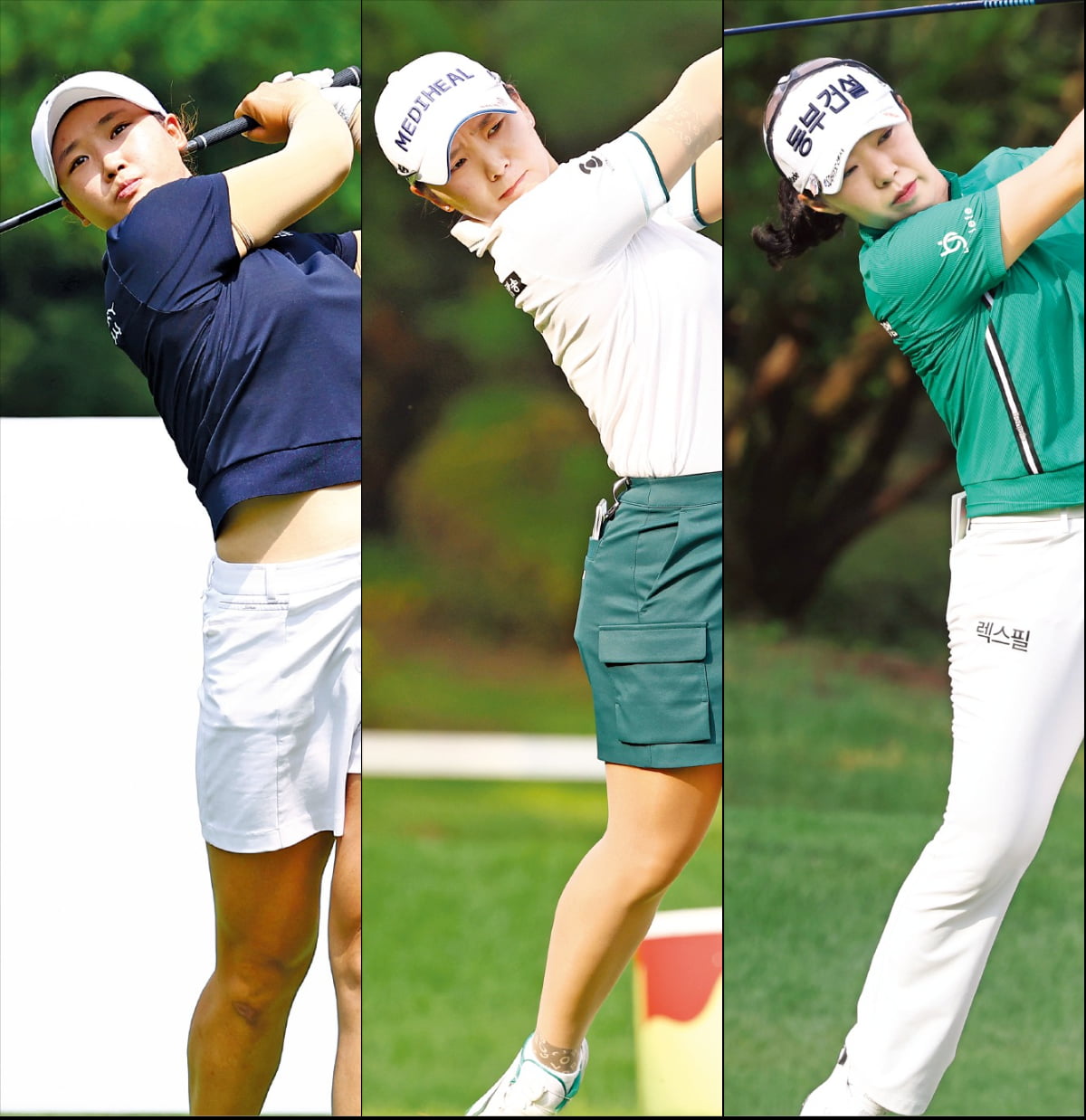 < 이런게 명품샷 > 21일 경기 포천시 포천힐스CC에서 열린 KLPGA투어 BC카드·한경 레이디스컵 1라운드에서 김민솔이 10언더파로 코스레코드를 세웠고, 이다연과 김수지는 8언더파를 치며 우승 경쟁에 나섰다. 김민솔(왼쪽부터) 이다연 김수지가 티샷하고 있다. /포천=김범준/변성현 기자