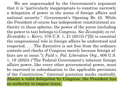 미국 워싱턴DC 연방순회항소법원이 지난 29일 공개한 판결문. 과세 권한이 의회에 전적으로 귀속되며, 명확한 의회의 승인이 확인되지 않으므로 대통령이 세금을 부과할 권리가 없다는 점을 적시하고 있다. /판결문 캡처
