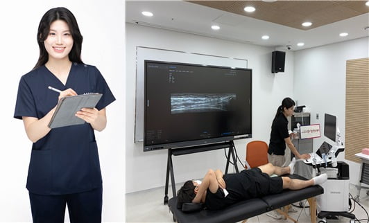 온즈오운 유희주 대표(왼쪽)와 초음파 기반 ‘보는 해부학’ 실습 장면(오른쪽). 근육과 인대의 실시간 움직임을 관찰하며 임상 데이터를 구조화하는 교육이 진행되고 있다.