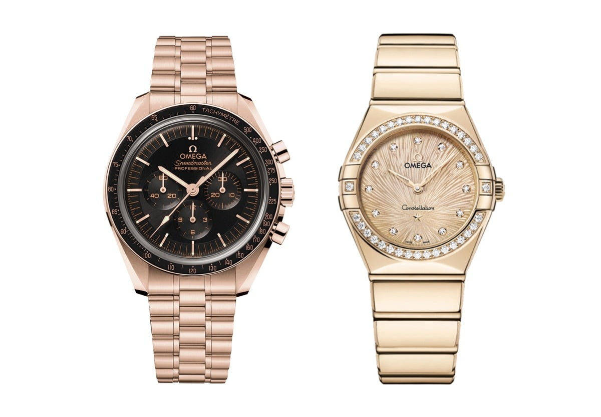 왼쪽부터_스피드마스터 문워치 프로페셔널 세드나™ 골드, 컨스텔레이션 문샤인™ 골드