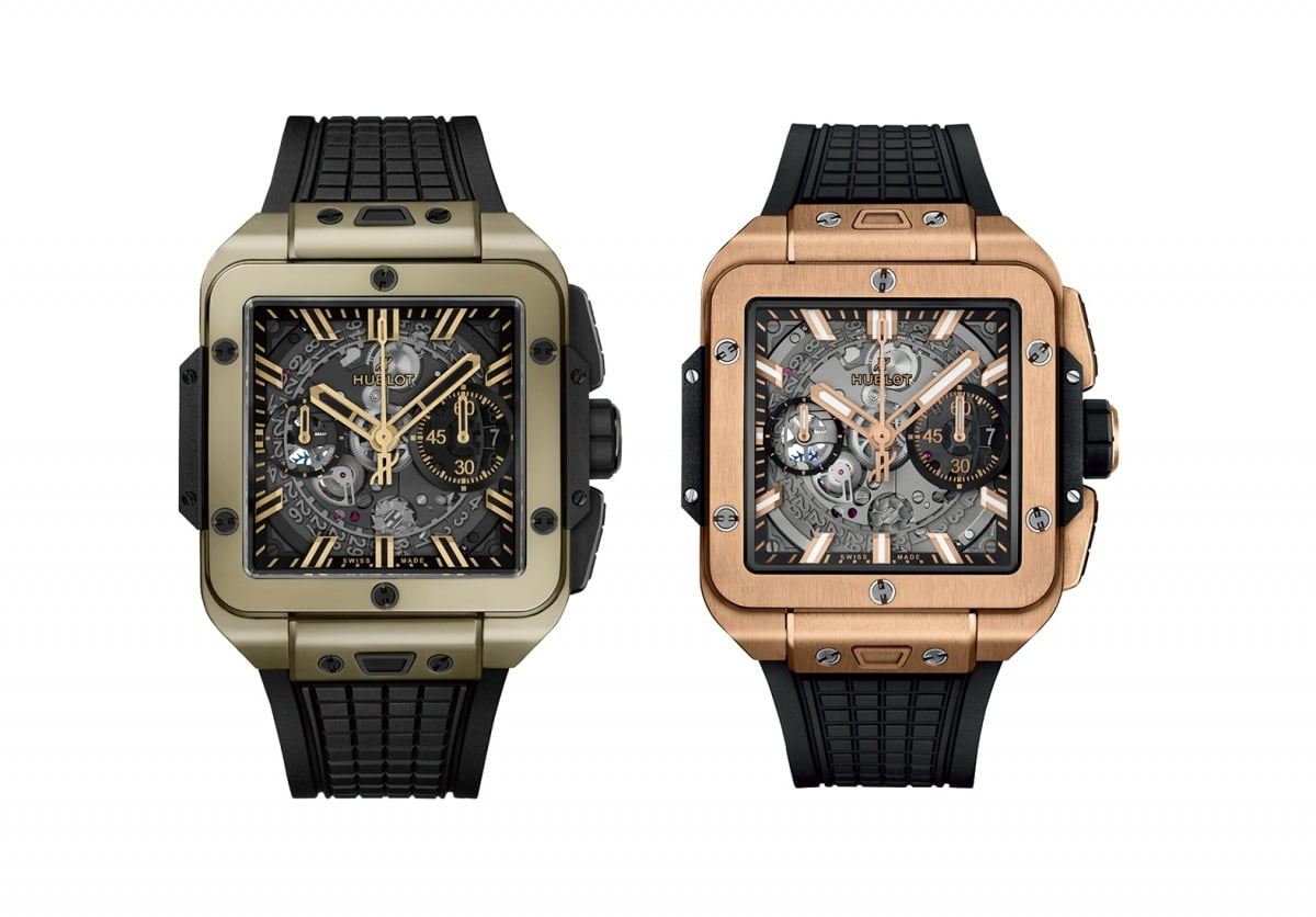 왼쪽부터_미세한 녹색이 감도는 황금빛을 띠며 2011년, 세계 최초로 스크래치 방지 효과를 지닌 특허를 획득한 스퀘어 뱅 유니코 매직 골드 버전, 로즈 골드에 티타늄과 플래티넘을 배합해 강렬한 레드 톤이 돋보이는 스퀘어 뱅 유니코 킹 골드 버전.