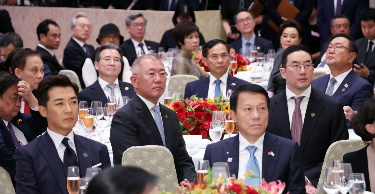 정의선 현대차그룹 회장, 구광모 LG그룹 회장, 김용범 대통령실 정책실장, 김태년 더불어민주당 의원, 배우 안재욱 등이 11일 청와대 영빈관에서 열린 한·베트남 공식 만찬에서 이재명 대통령의 만찬사를 듣고 있다./ 사진=연합뉴스
