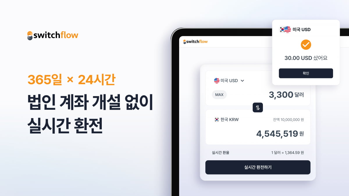 부산대기술지주 투자기업 (주)스위치원, '스위치플로우' 법인환전 서비스 출시