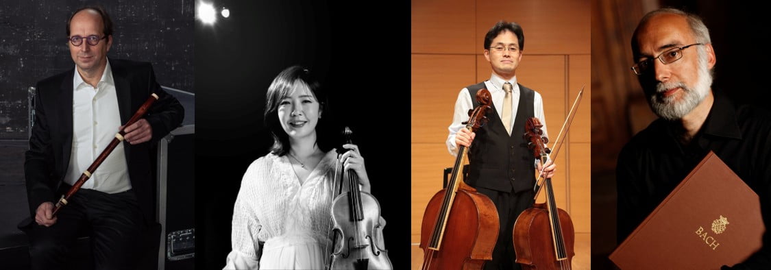 트라베르소 연주자 얀 드 비네(왼쪽부터), 바로크 바이올리니스트 김은식, 바로크 첼리스트 타카하시 코지, 쳄발로 연주자 로렌조 기엘미. / 사진출처. 마포문화재단.