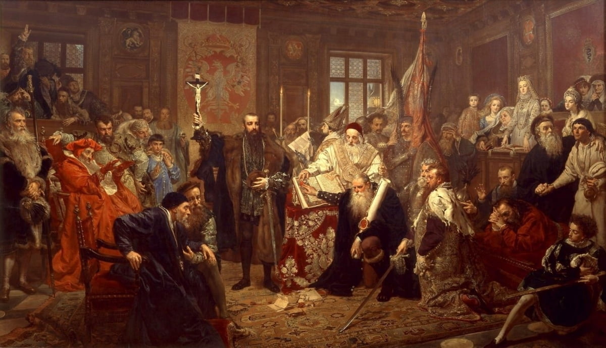 루블린 연합(1869). 1569년 폴란드와 리투아니아의 연방제 통일 장면을 그린 작품이다. /루블린박물관