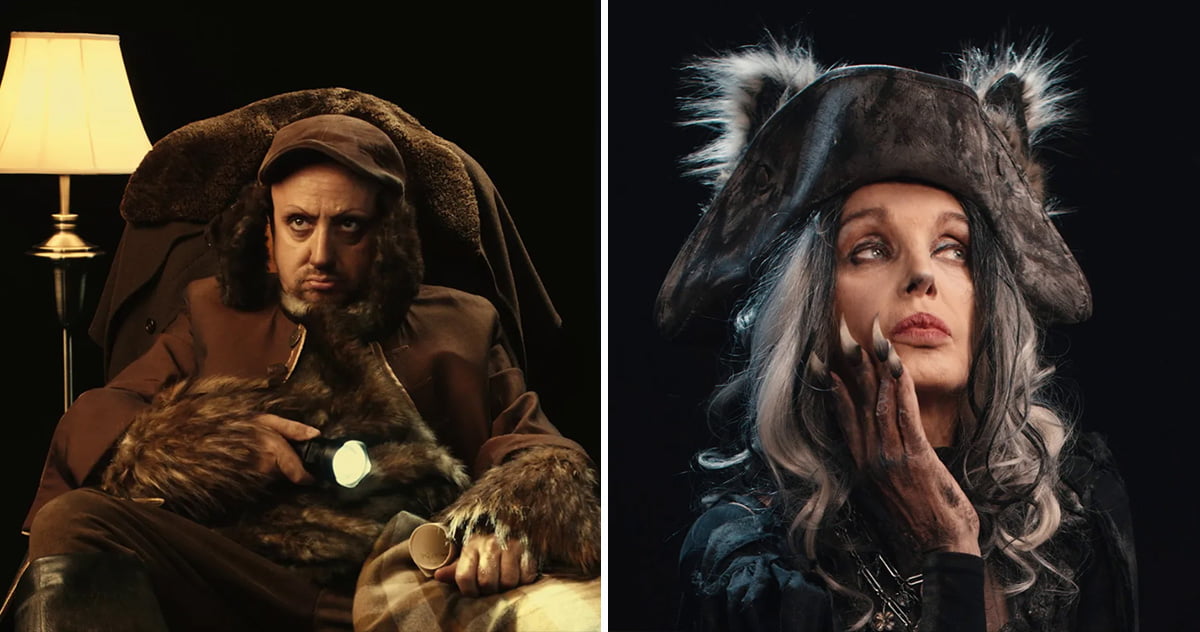 (왼쪽부터) 개역, 위베르 미옹(Hubert Myon), 늑대역, 아리엘 돔발(Arielle Dombasle) / 사진. © Cités Immersives, Fabien Drugeon 