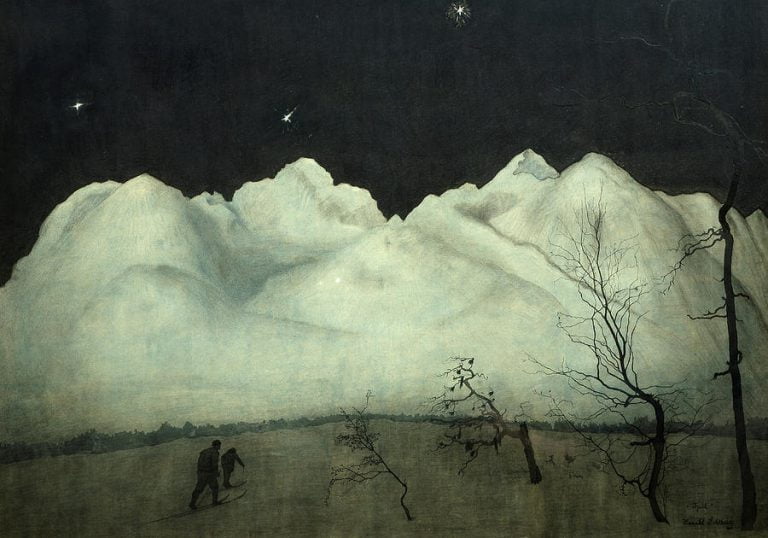 산속의 겨울 밤(1901). 왼쪽 아래에 있는 사람 모습이 눈에 띈다. 솔베르그는 당시의 감동을 표현하기 위해 여러 시도를 거듭했다.