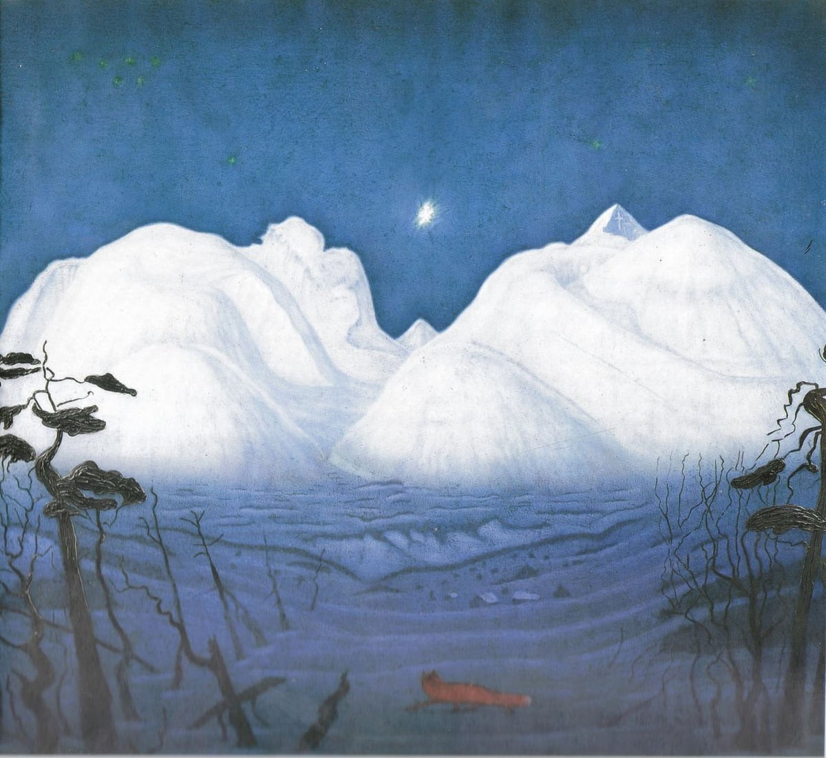산 속의 겨울밤(1918~1924). 솔베르그는 1914년 완성작을 처음으로 발표한 후에도 여러 시도를 거듭했고, 비슷한 그림을 그렸다. 하지만 1914년작을 뛰어넘는 작품은 없었다.