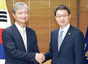 이억원 금융위원장(오른쪽)과 이찬진 금융감독원장이 16일 정부서울청사에서 만나 악수하고 있다. /금융위 제공