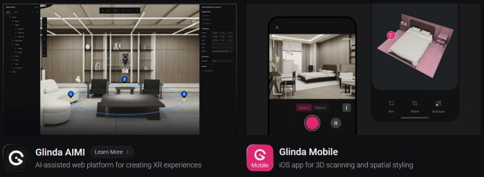 왼쪽부터 Glinda AIMI-AI기반 XR 콘텐츠 제작 플랫폼과 Glinda Mobile