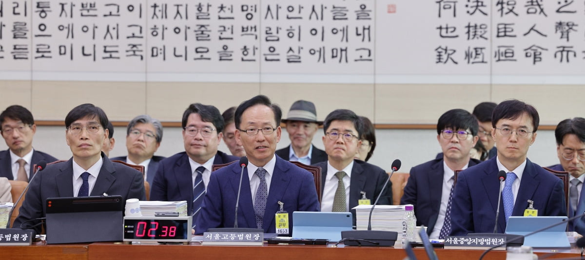 김대웅 서울고등법원장이 20일 서울 여의도 국회 법제사법위원회에서 열린 서울고법·서울중앙지법 등에 대한 국정감사에서 의원 질의에 답변하고 있다.  /사진=뉴스1