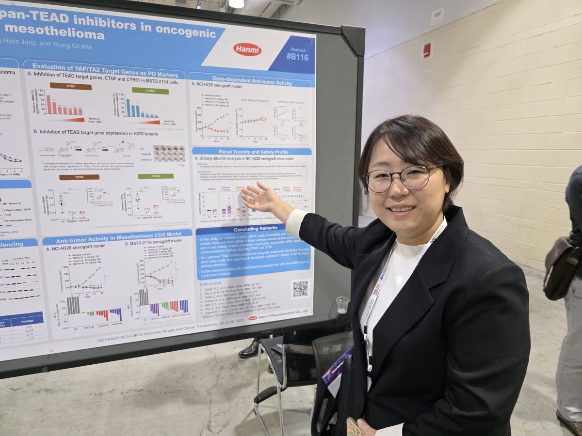 김지숙 한미약품 표적항암팀 파트장이 범(pan) TEAD 저해제에 대해 설명하고 있다. 이우상 기자
