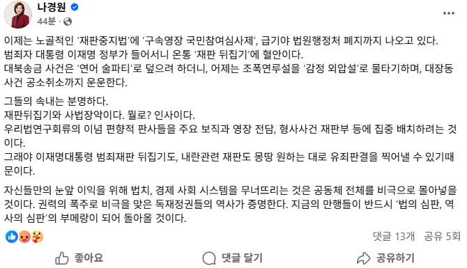나경원 국민의힘 의원 페이스북 캡처