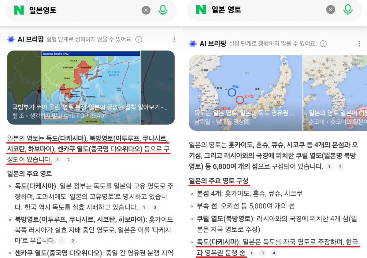 네이버서 '일본영토' 검색했더니…AI 답변에 '독도' 포함