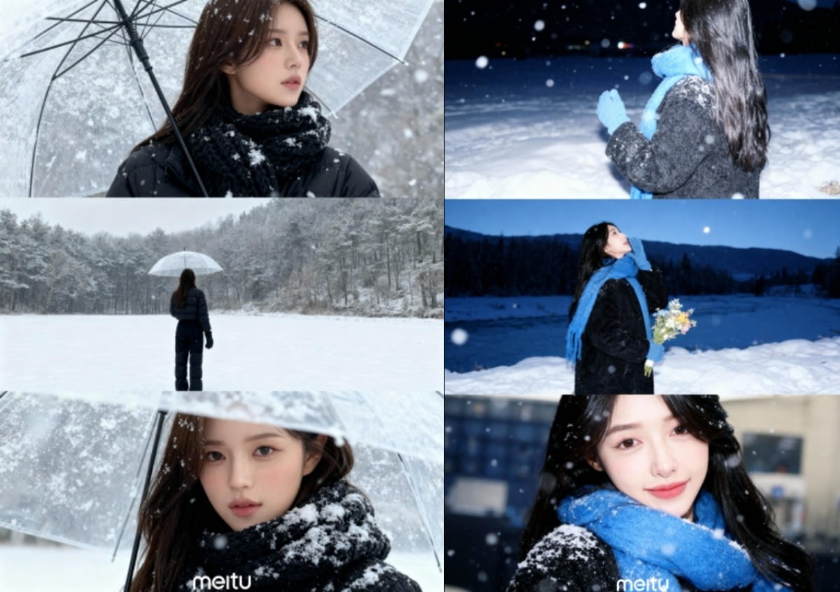 AI 카메라 애플리케이션 메이투에서 AI 겨울 3컷 콘텐츠를 적용한 예시. 사진=메이투