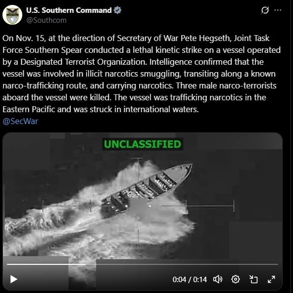 美 "태평양서 마약 선박 격침…'마약 테러리스트' 3명 사망"