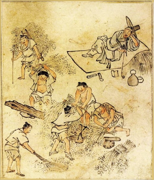 철저한 신분제 사회의 모습이 담긴 김홍도의 풍속화 ‘타작’.   한경DB