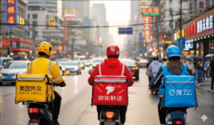 중국 배달 플랫폼 메이퇀, 징둥, 어러머 기사들. 