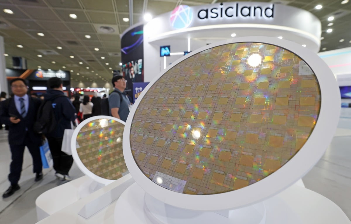 지난 10월 서울 강남 코엑스에서 열린 제27회 반도체 대전(SEDEX 2025)을 찾은 관람객들. 한 기업 부스 앞에 반도체 웨이퍼가 전시돼 있다. 한경DB