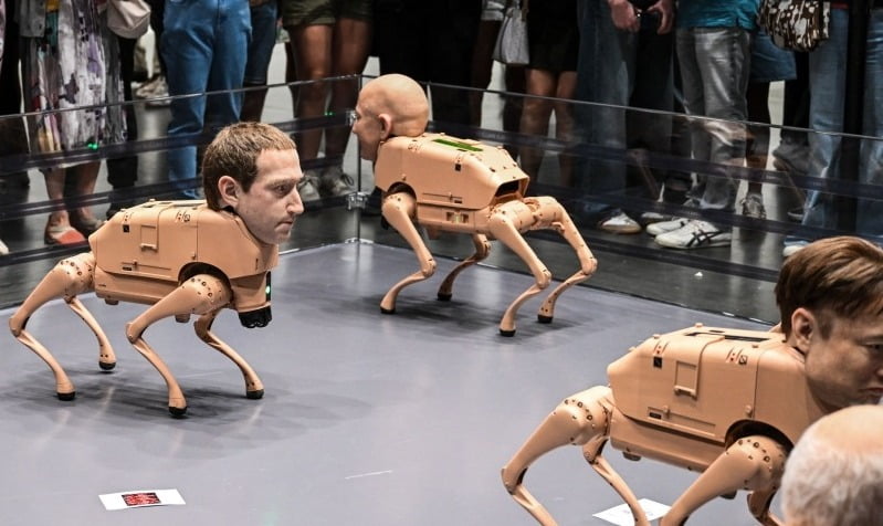 디지털 아티스트 비플이 미국 아트바젤 마이애미 비치 2025에서 공개한 로봇개 설치 작품. /사진=AFP