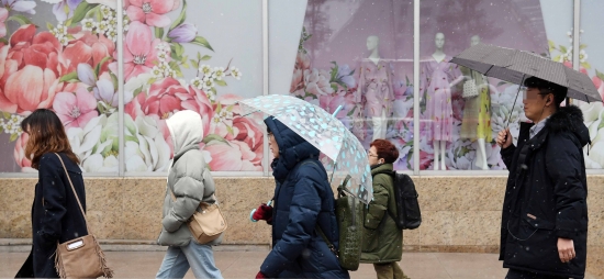 절기상 우수이자 정월대보름인 19일 오전 서울 중구 명동에서 시민들이 우산을 쓰고 출근하고 있다./김범준기자 bjk07@hankyung.com