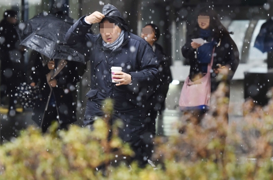 절기상 우수이자 정월대보름인 19일 오전 서울 중구 명동에서 시민들이 눈을 맞으며 출근하고 있다./김범준기자 bjk07@hankyung.com